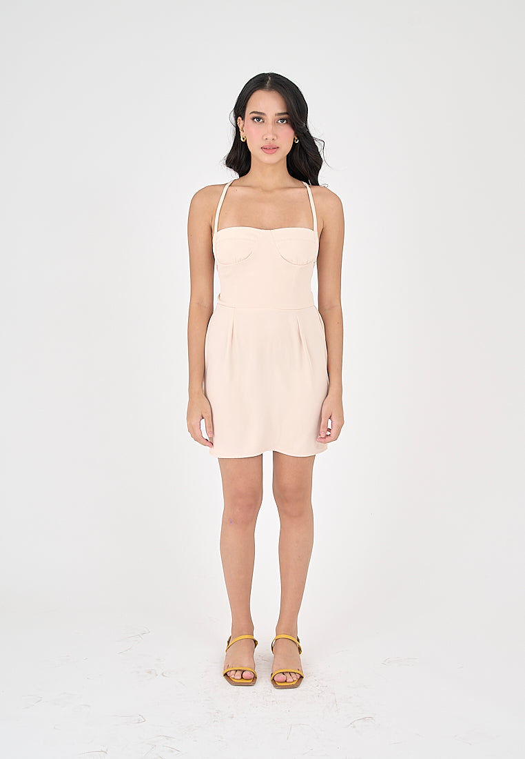 Qiana Blush Pink Bustier With Thin Strap and Back Strapy Detail Mini Dress