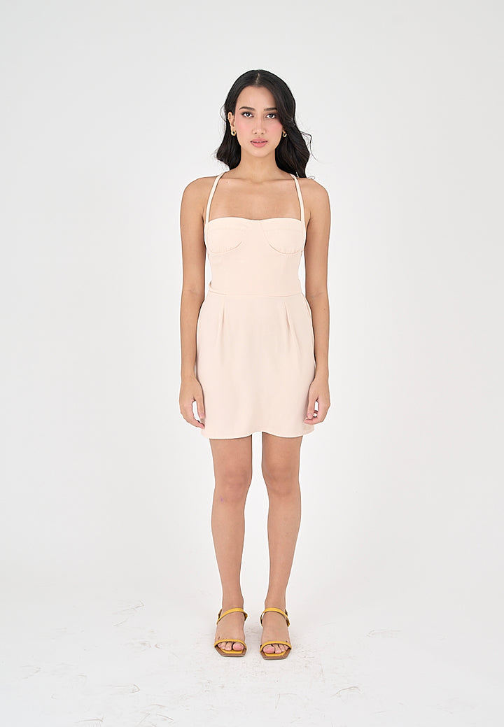 Qiana Blush Pink Bustier With Thin Strap and Back Strapy Detail Mini Dress