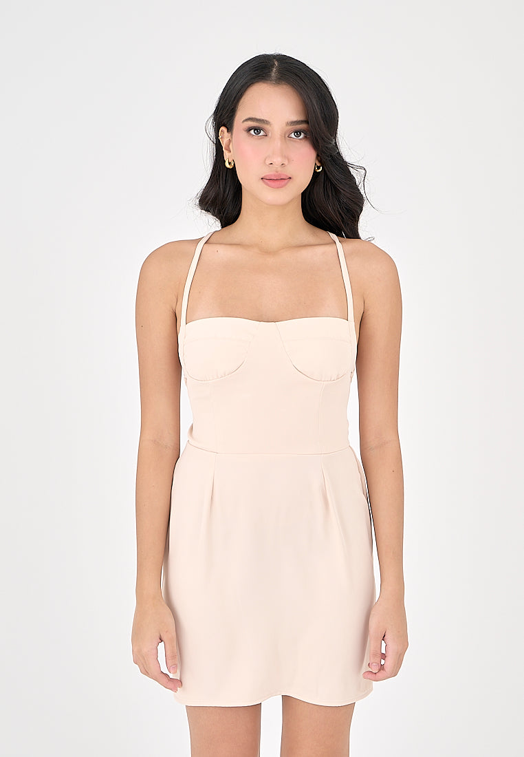 Qiana Blush Pink Bustier With Thin Strap and Back Strapy Detail Mini Dress