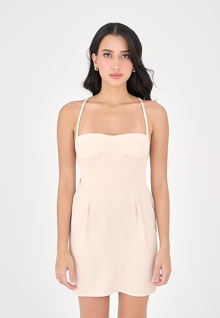 Qiana Blush Pink Bustier With Thin Strap and Back Strapy Detail Mini Dress