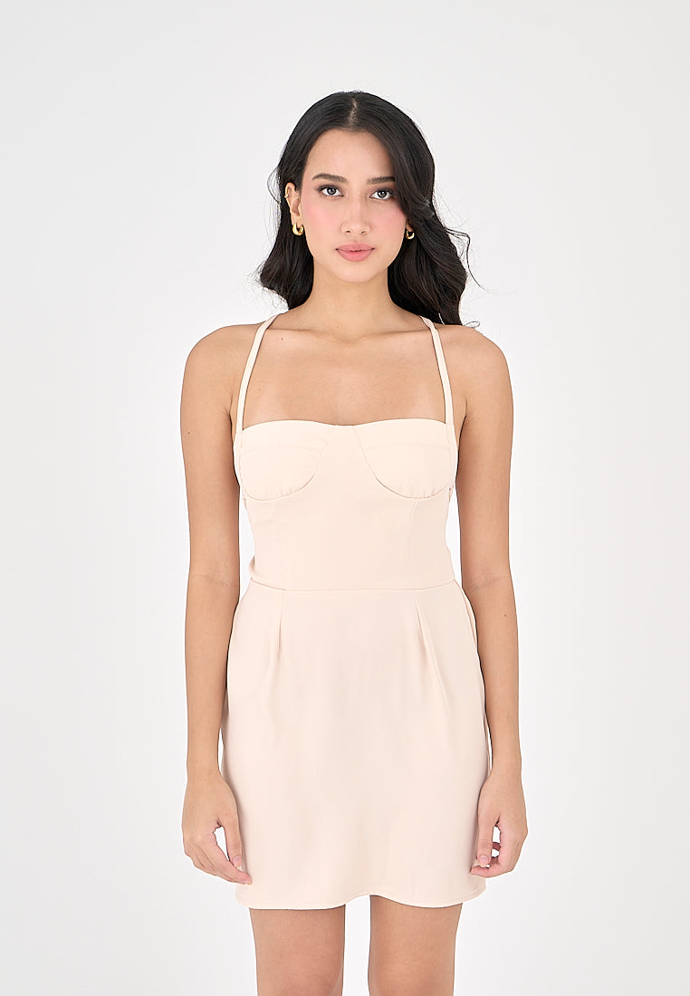 Qiana Blush Pink Bustier With Thin Strap and Back Strapy Detail Mini Dress