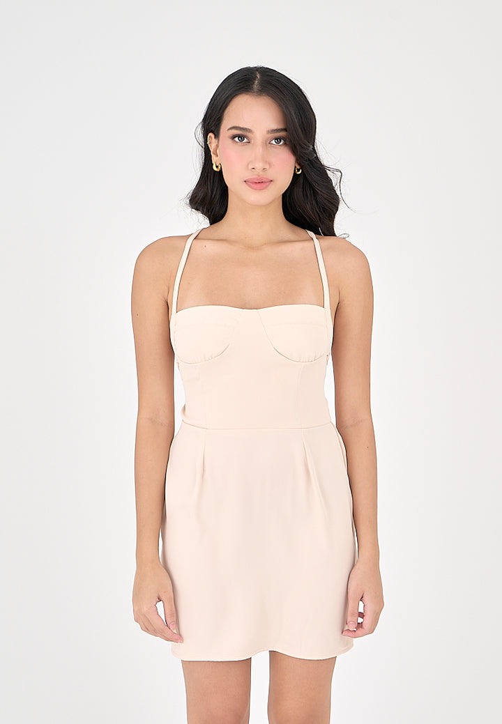 Qiana Blush Pink Bustier With Thin Strap and Back Strapy Detail Mini Dress