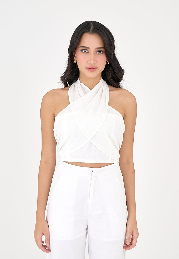 Eviana White Halter Crossover Sleeveless Sexy Top