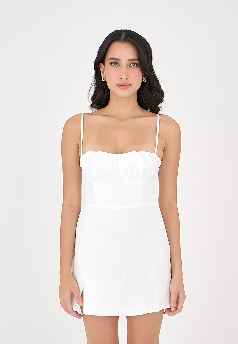 Stef White Sleeveless Ruched Bust Mini Dress