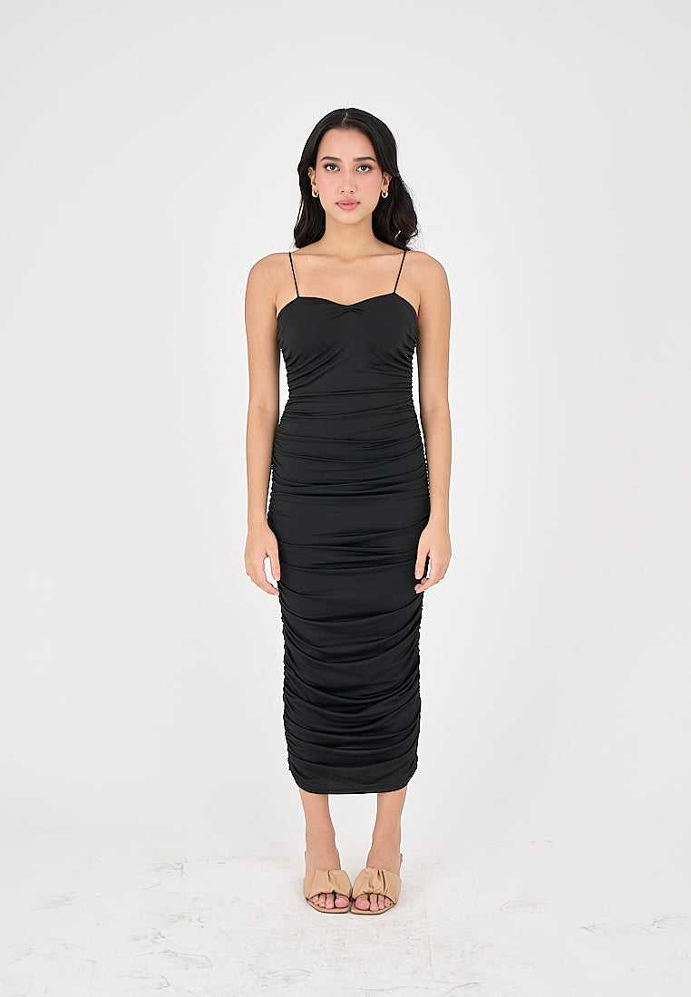 Della Black Sleeveless Thin Strap Sexy Bodycon Midi Dress