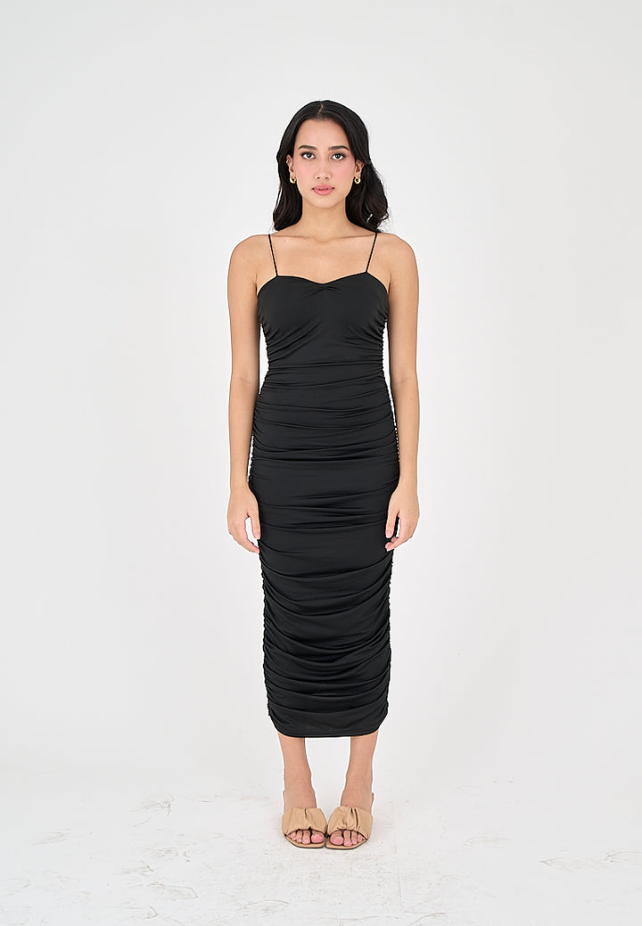 Della Black Sleeveless Thin Strap Sexy Bodycon Midi Dress