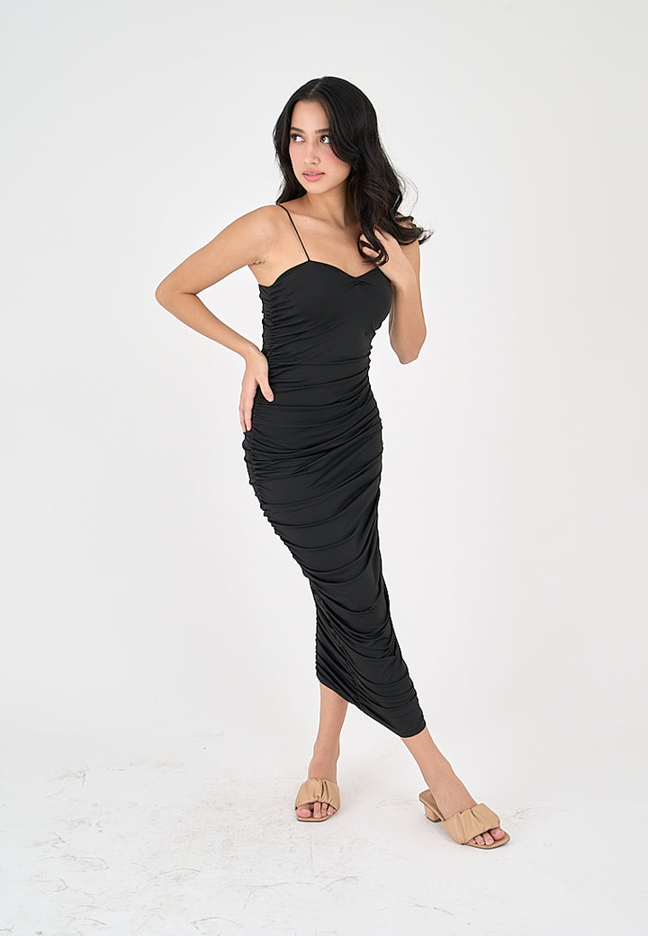 Della Black Sleeveless Thin Strap Sexy Bodycon Midi Dress