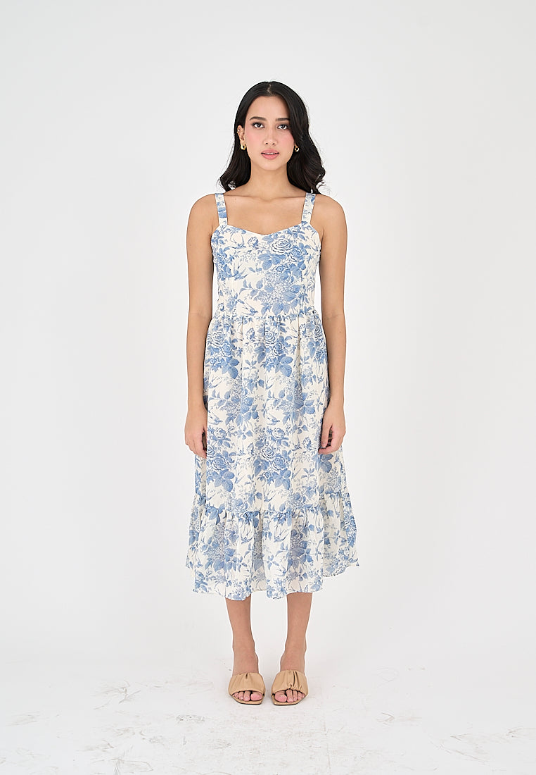Asia Light Blue Floral All Over Print V Neckline Sleeveless Layer Midi Dress
