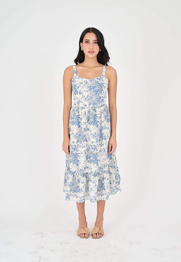 Asia Light Blue Floral All Over Print V Neckline Sleeveless Layer Midi Dress