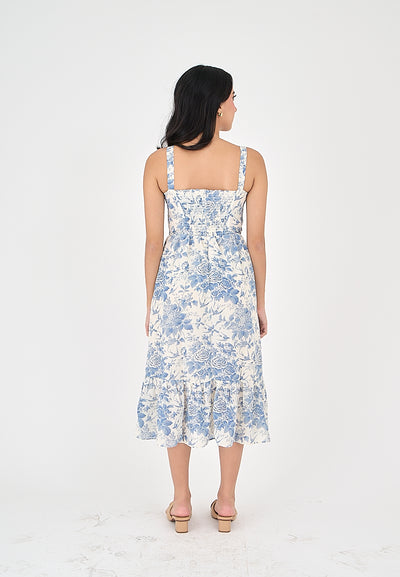 Asia Light Blue Floral All Over Print V Neckline Sleeveless Layer Midi Dress