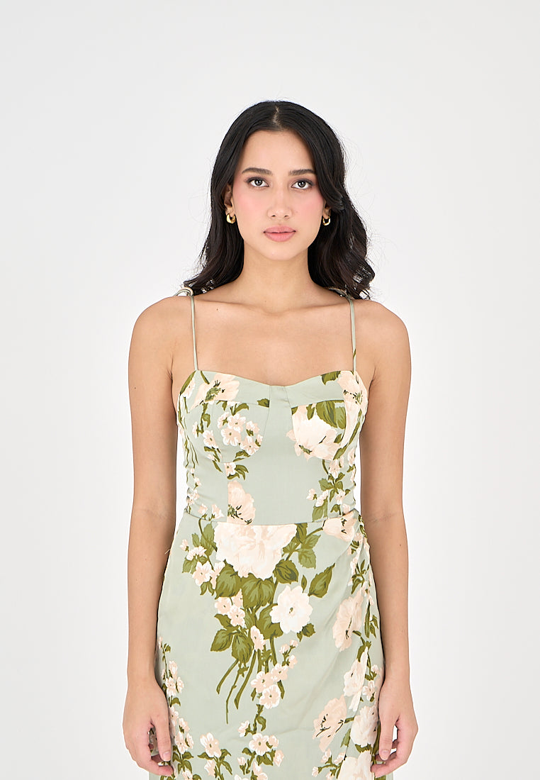 Astherielle Sage with White Floral Print  Self Tie Sleeveless Midi Dress with Slit