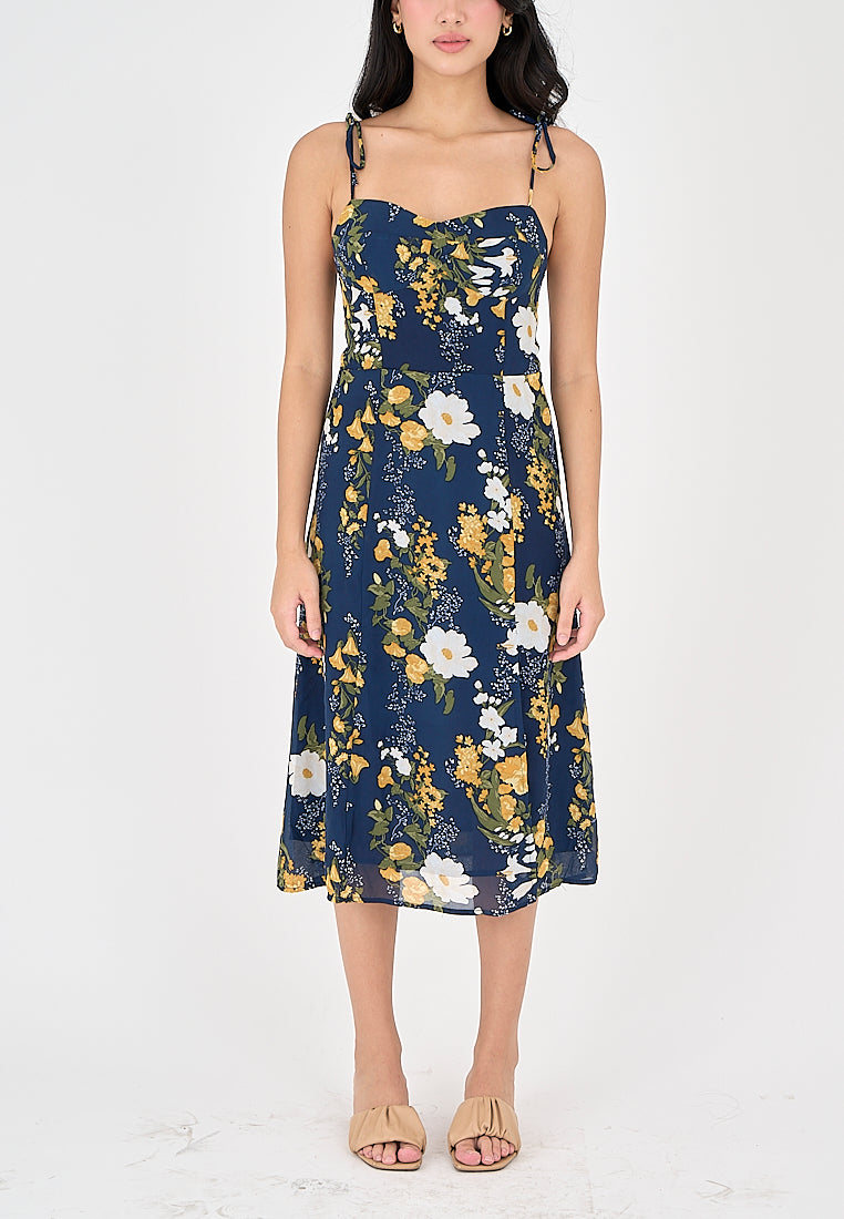 Elene Blue with White and Yellow Floral Print V Neckline Self tie Strap Midi Dress