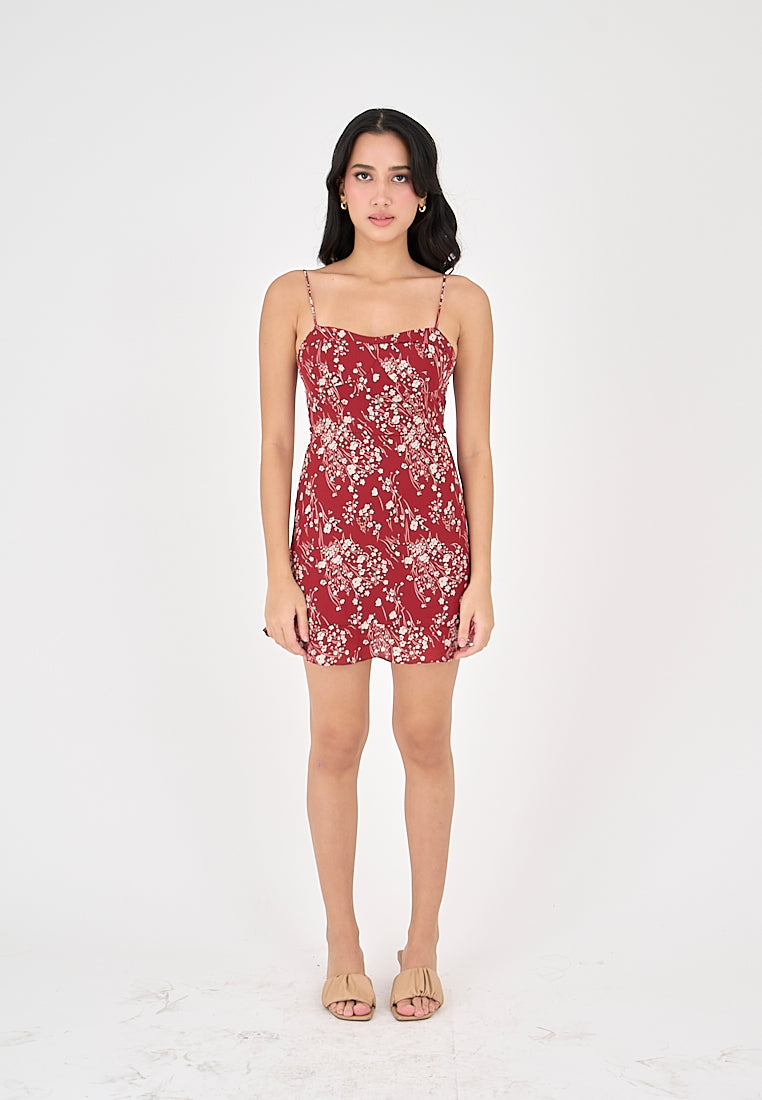 Joanne Maroon Floral All Over Print Mini Dress