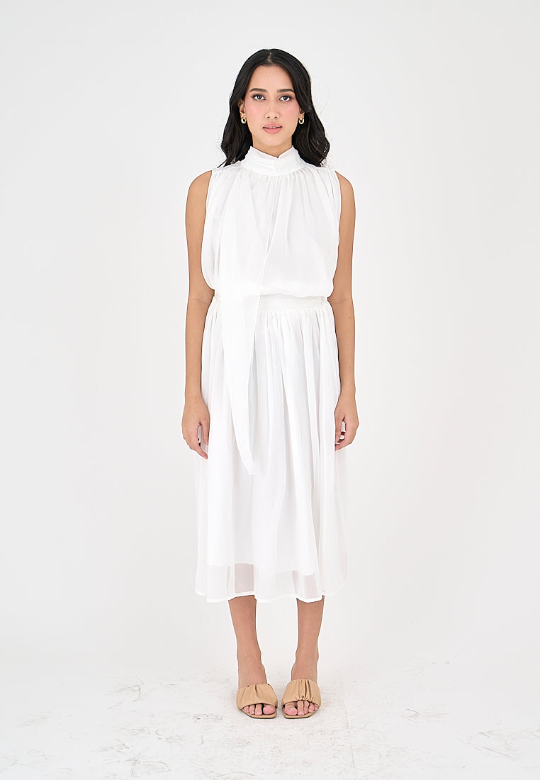 Mia White Elegant Chiffon Sleeveless Top and Midi  Skirt Set