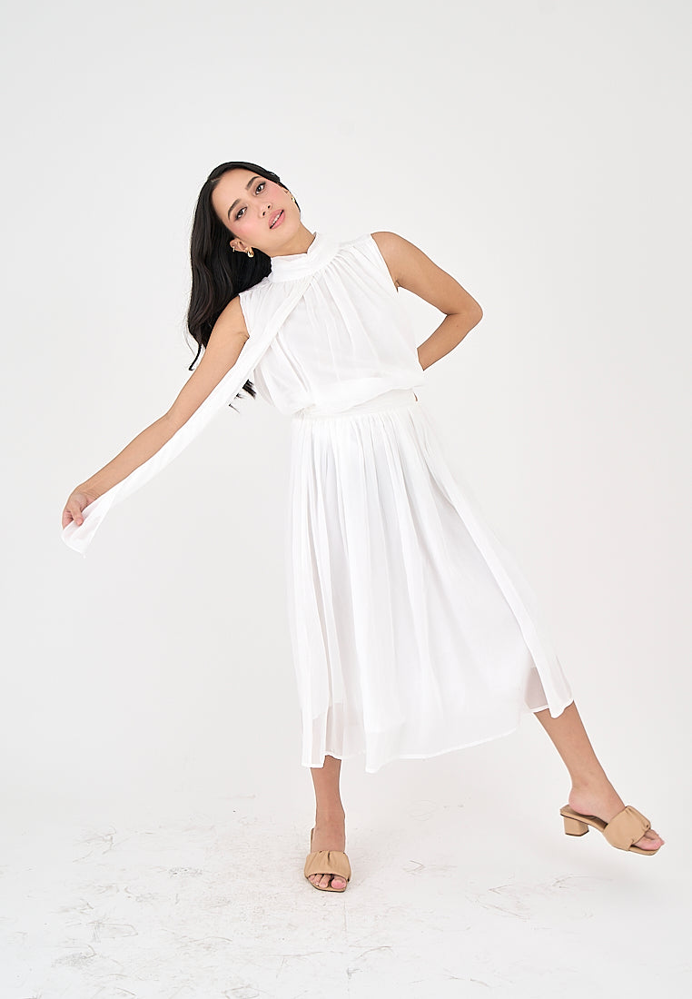 Mia White Elegant Chiffon Sleeveless Top and Midi  Skirt Set