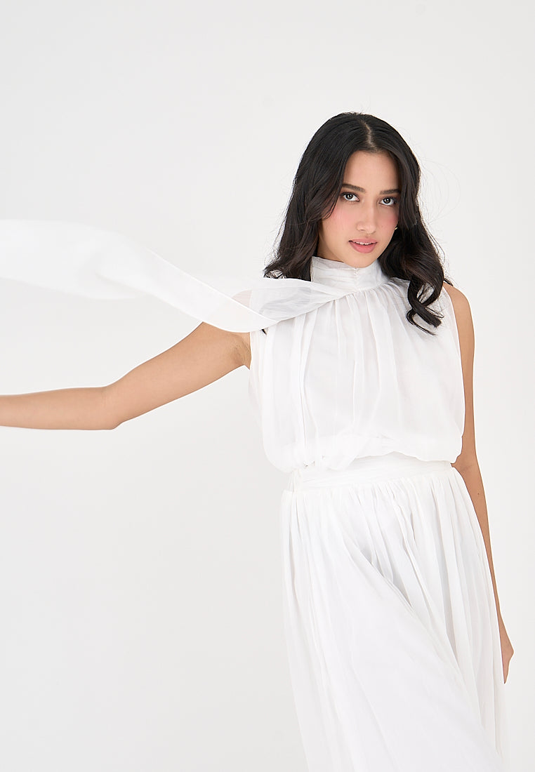 Mia White Elegant Chiffon Sleeveless Top and Midi  Skirt Set