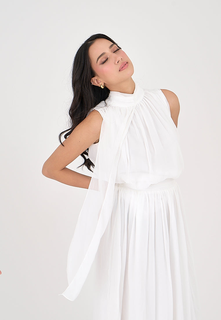 Mia White Elegant Chiffon Sleeveless Top and Midi  Skirt Set