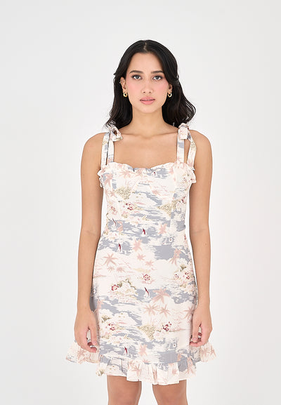 Dalya Muticolor Floral Print Sleeveless Self Tie Strap Ruffled Hem Mini Dress