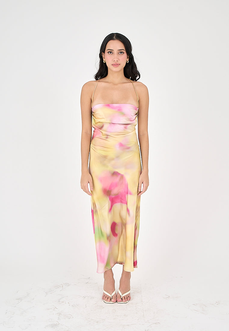 Khal Pastel Multicolor Tie Dye Cowl Neckline Sleeveless Crisscross Midi Dress