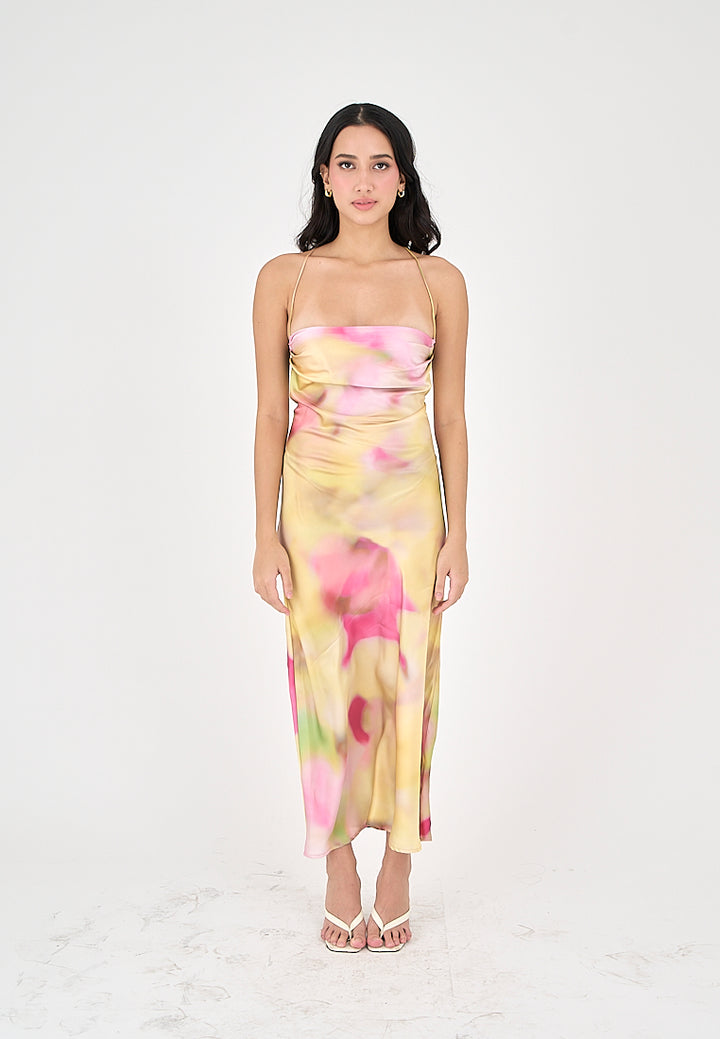 Khal Pastel Multicolor Tie Dye Cowl Neckline Sleeveless Crisscross Midi Dress