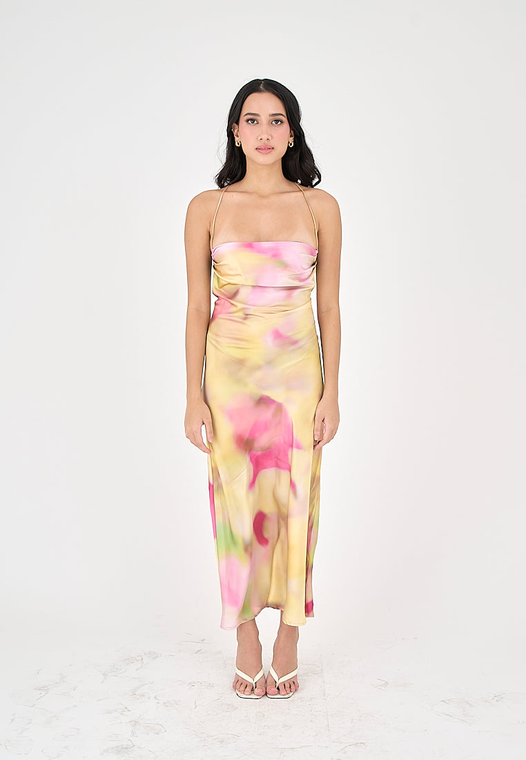 Khal Pastel Multicolor Tie Dye Cowl Neckline Sleeveless Crisscross Midi Dress