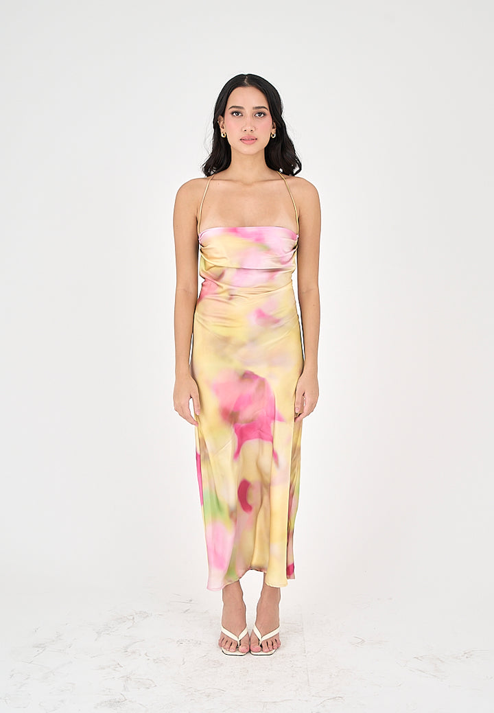 Khal Pastel Multicolor Tie Dye Cowl Neckline Sleeveless Crisscross Midi Dress