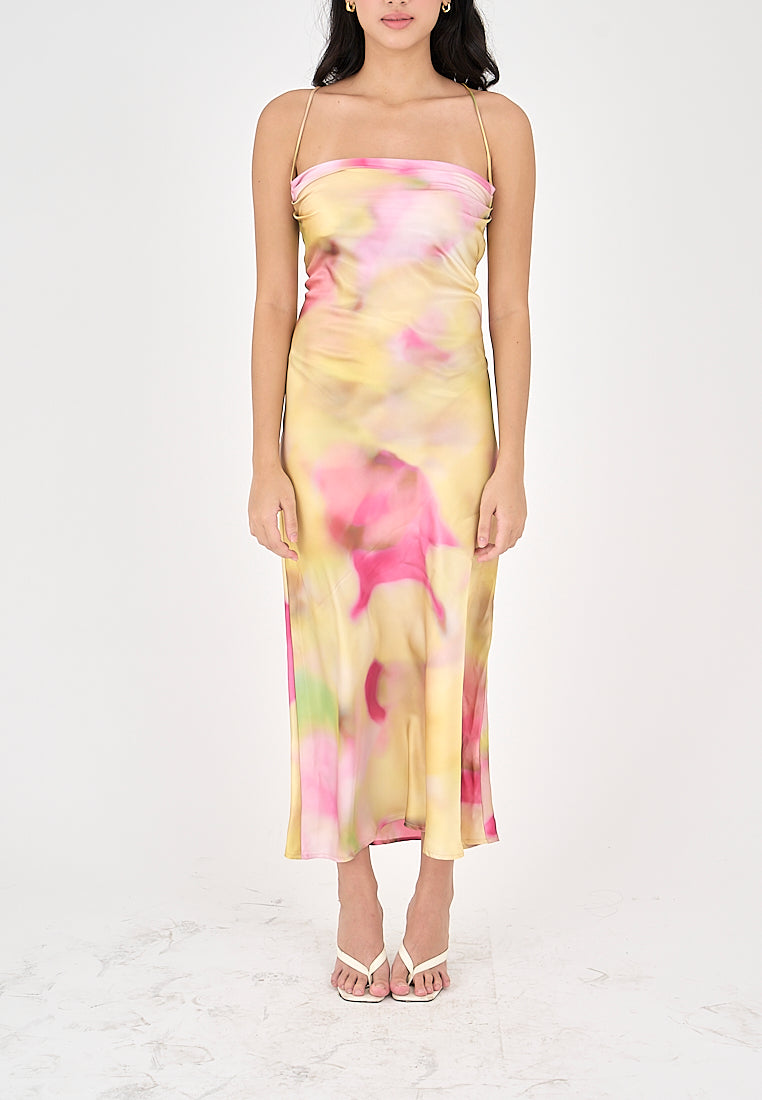 Khal Pastel Multicolor Tie Dye Cowl Neckline Sleeveless Crisscross Midi Dress