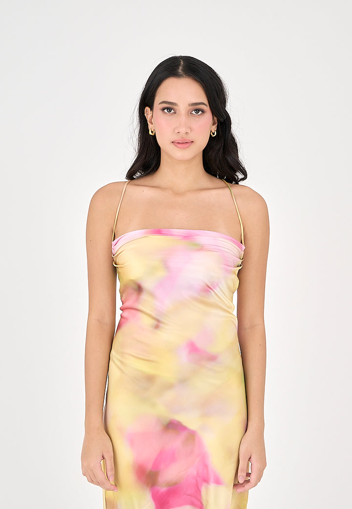 Khal Pastel Multicolor Tie Dye Cowl Neckline Sleeveless Crisscross Midi Dress