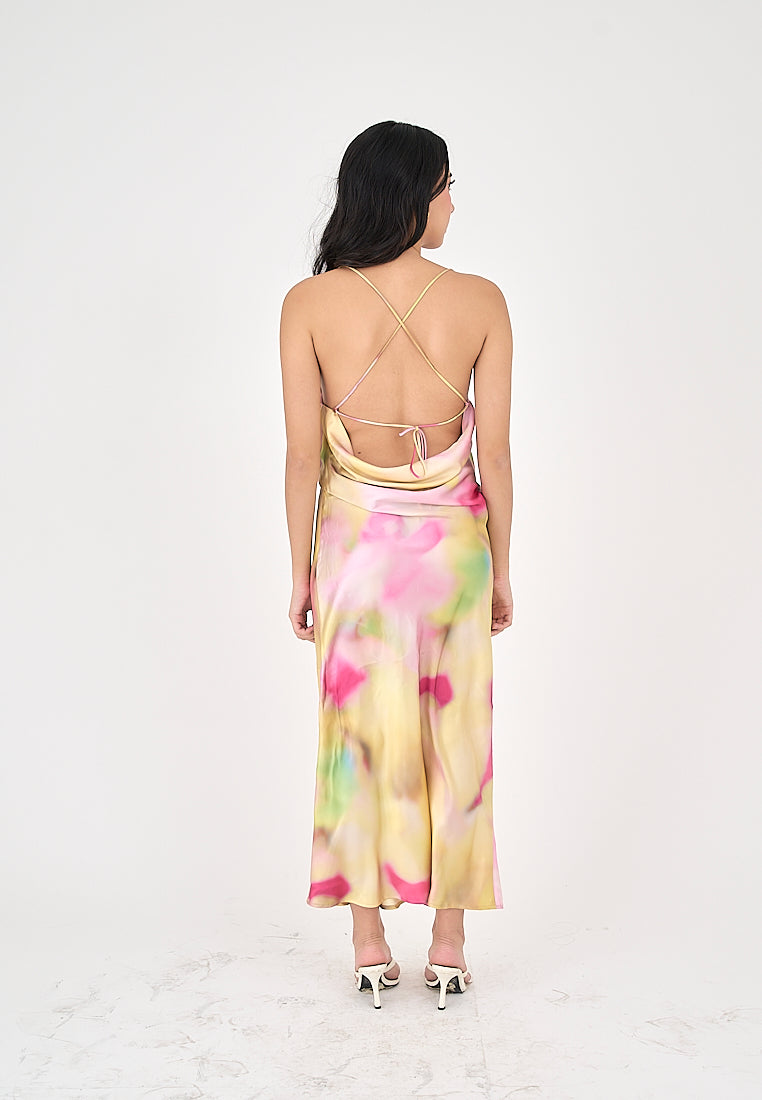 Khal Pastel Multicolor Tie Dye Cowl Neckline Sleeveless Crisscross Midi Dress