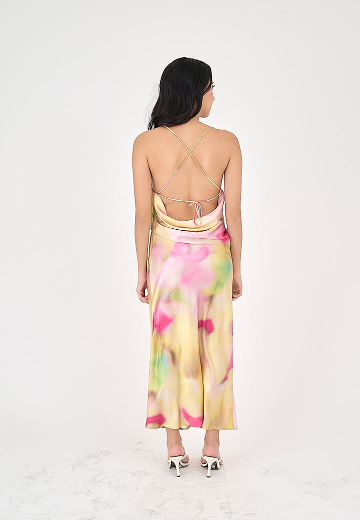 Khal Pastel Multicolor Tie Dye Cowl Neckline Sleeveless Crisscross Midi Dress