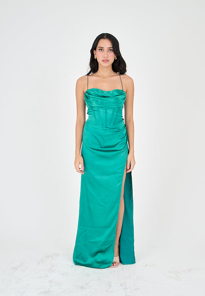 Rosie Turquoise Satin Corset Cowl Neckline with High Slit Maxi Dress