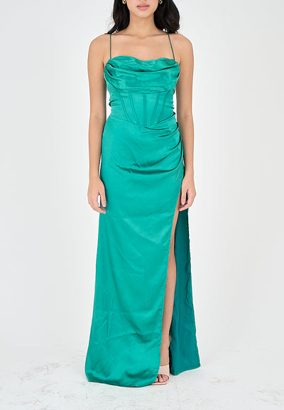 Rosie Turquoise Satin Corset Cowl Neckline with High Slit Maxi Dress