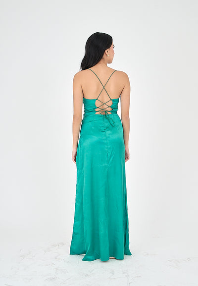 Rosie Turquoise Satin Corset Cowl Neckline with High Slit Maxi Dress