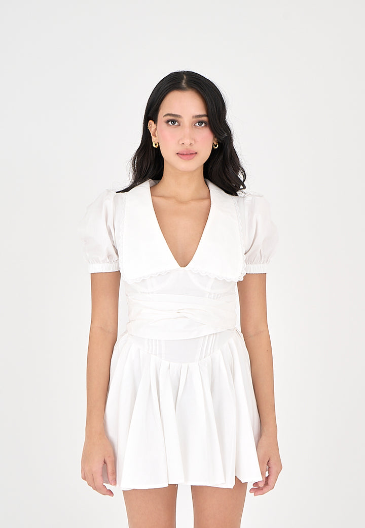 Ellisa White Collared Lace V Neck Bow Back Pleated Short Sleeves Mini Dress