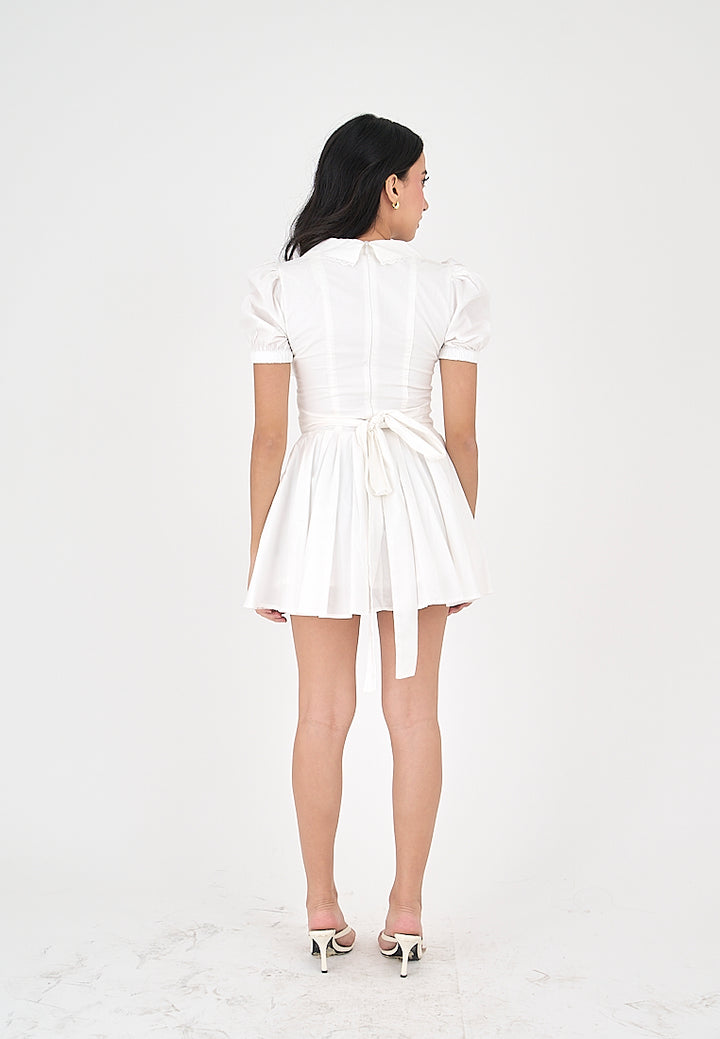 Ellisa White Collared Lace V Neck Bow Back Pleated Short Sleeves Mini Dress