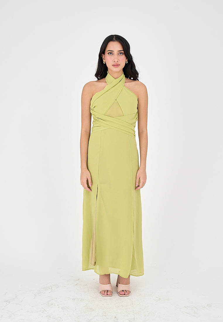 Schuyler Green Halter Strap Open Back Side Slit Sleeveless Midi Dress