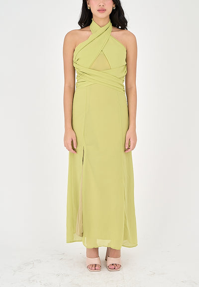 Schuyler Green Halter Strap Open Back Side Slit Sleeveless Midi Dress