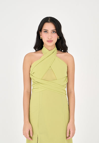 Schuyler Green Halter Strap Open Back Side Slit Sleeveless Midi Dress