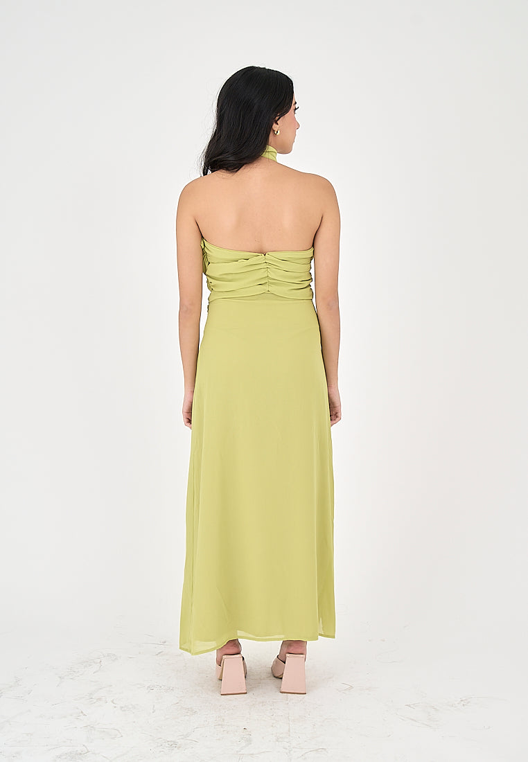 Schuyler Green Halter Strap Open Back Side Slit Sleeveless Midi Dress