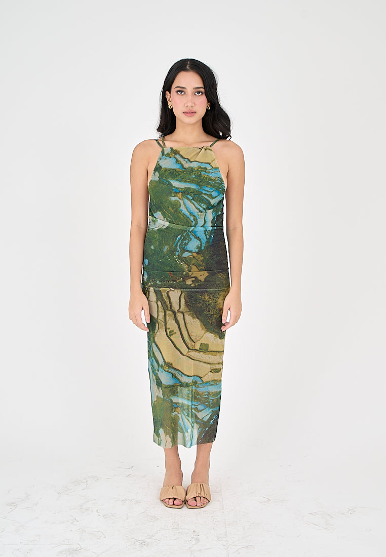 Jamie Multicolor Print Sleeveless Thin Strap Low Back Midi Dress
