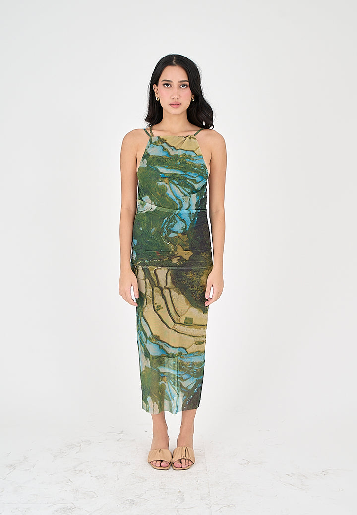 Jamie Multicolor Print Sleeveless Thin Strap Low Back Midi Dress