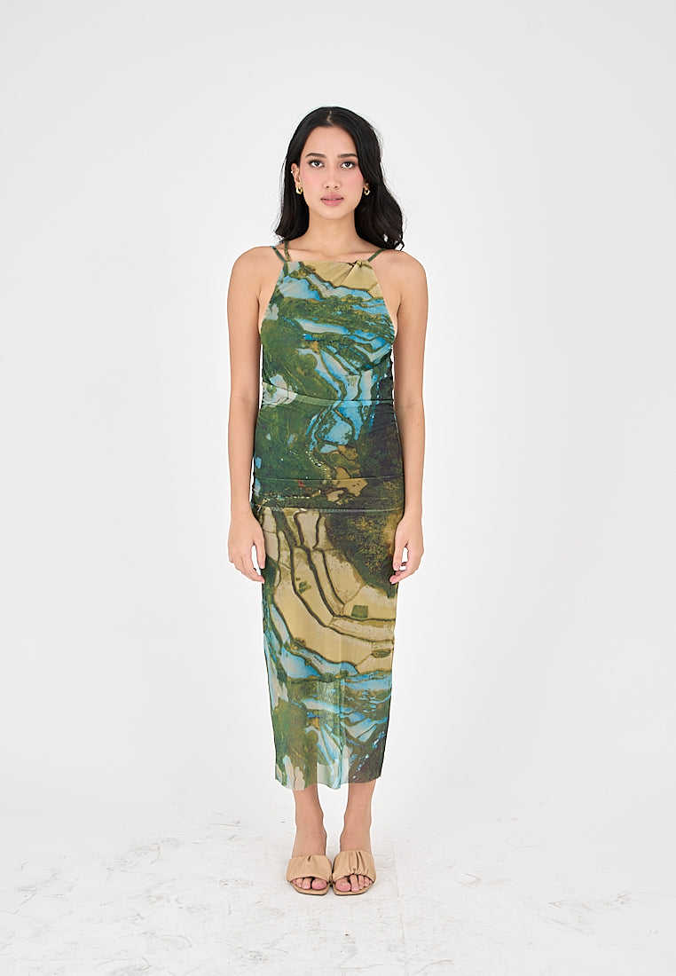 Jamie Multicolor Print Sleeveless Thin Strap Low Back Midi Dress