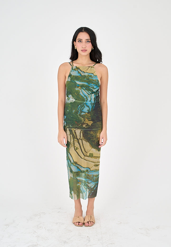 Jamie Multicolor Print Sleeveless Thin Strap Low Back Midi Dress