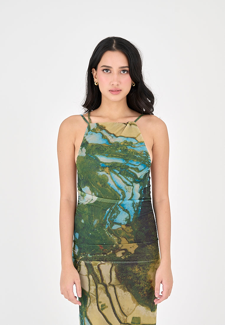 Jamie Multicolor Print Sleeveless Thin Strap Low Back Midi Dress
