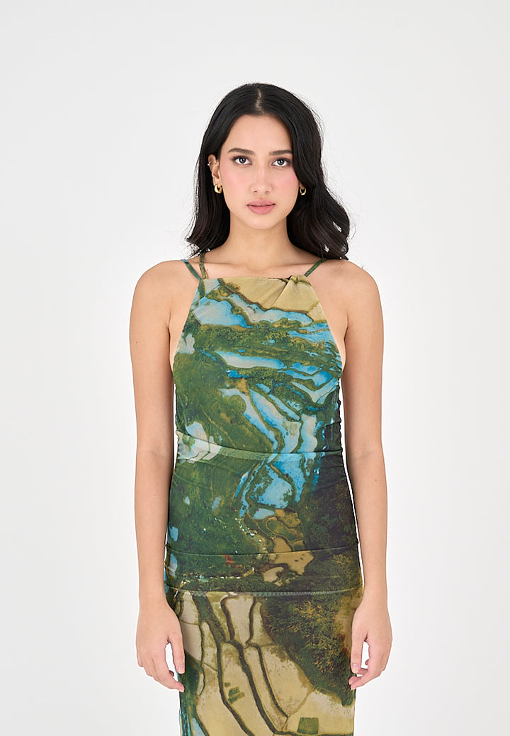 Jamie Multicolor Print Sleeveless Thin Strap Low Back Midi Dress