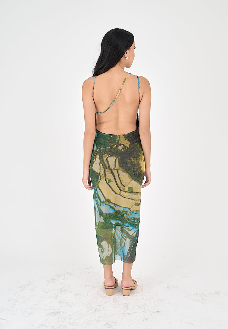 Jamie Multicolor Print Sleeveless Thin Strap Low Back Midi Dress