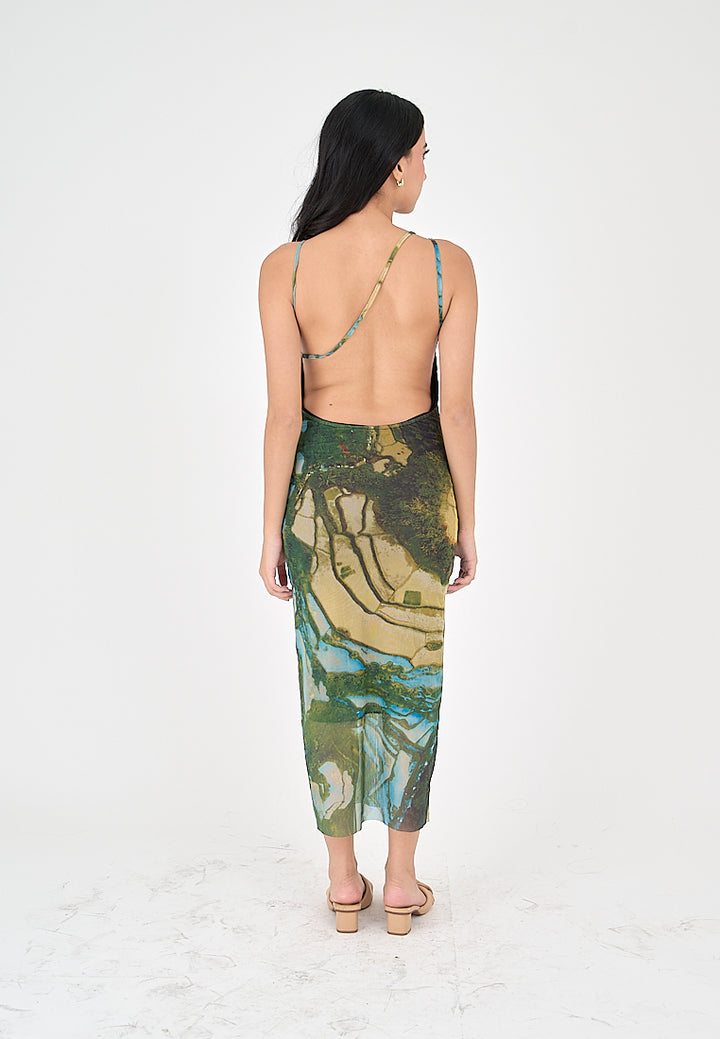 Jamie Multicolor Print Sleeveless Thin Strap Low Back Midi Dress