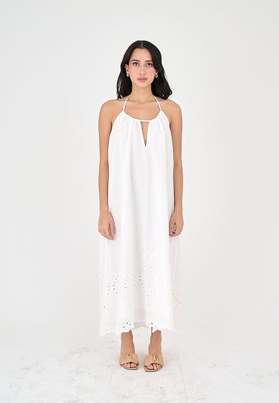 Leoria White Eyelet Halter Self Tie Strap Sexy Back Midi Dress