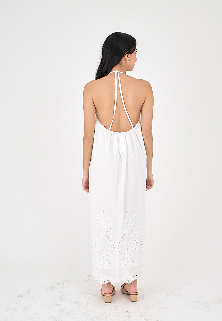 Leoria White Eyelet Halter Self Tie Strap Sexy Back Midi Dress