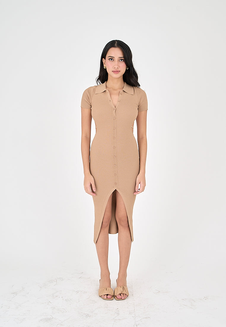 Doralee Brown Knitted Collar Short Sleeves Buttondown Open Back Bodycon Midi Dress